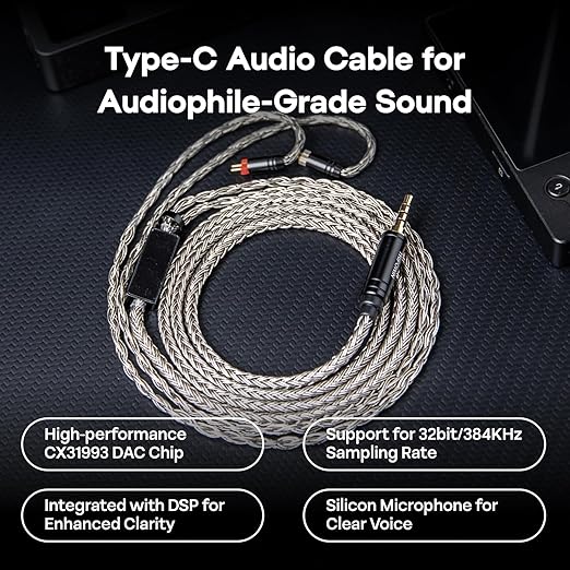 Linsoul Tripowin Zonie HiFi In-Ear Monitor Upgrade Cable, with Omni Mic, 16-Core Silver-Plated SPC Earphone Cable, Type-C/3.5mm Options, 1.25m SPC Tangle-Free Wire for Audiophiles(Typec,Recessed 2Pin)