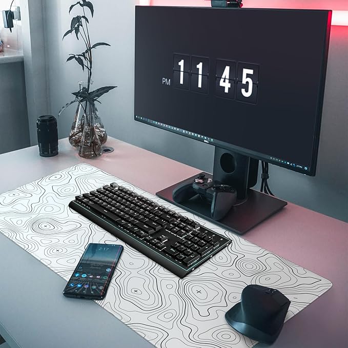 Topographic Large Gaming Mouse Pad,White Mouse Pad Gaming Mouse Mat Desk Pad,31.5 x 11.8 Desk Mat Minimalist Mouse Pads for Desk,Extended White Keyboard Mousepad with Non-Slip Base and Stitched Edge