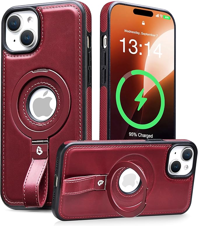 Butaiga for iPhone 14 /iPhone 13 Leather Case with Stand, Anti-Slip Grip Ring, Fits for MagSafe (Burgundy, iPhone 14/13)