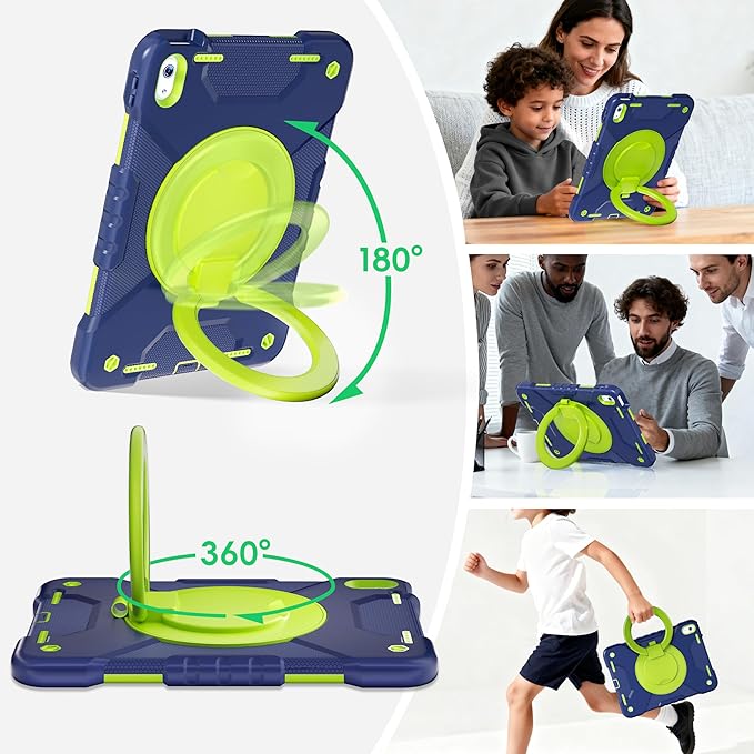 Andnary Case for iPad (A16) 11th Generation 11 inch 2025/10th Generation 10.9 inch 2022, Shockproof Cover with Screen Protector/360° Rotate Handle/Bracket/Pen Holder/Shoulder Strap (Navy+Green) | (A16), 2025, 2022, Heavy Duty, Shockproof Cover