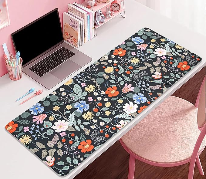 Strawberry Flowers Mouse Pad Desk Pad,Extended Gaming Mouse Mat with Stitched Edges Non-Slip Waterproof Rubber Base Mous Mat for Office,Computer,Keyboard,Laptop and Home Desk Pad(27.5X11.8 in)