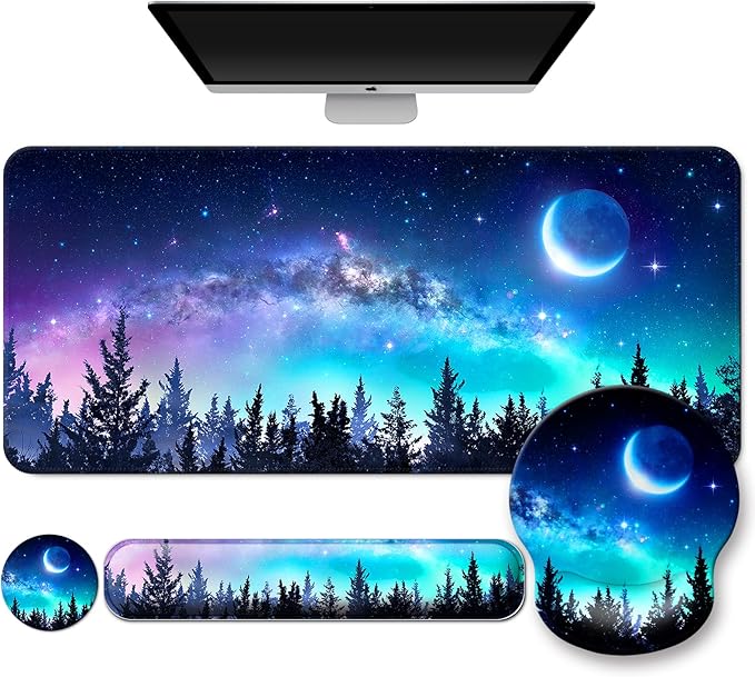 Mouse Pad + Desk Mat + Keyboard Wrist Rest + Coaster 4 in 1 Set, Cute Ergonomic Large Gaming Mousepad with Wrist Rest Support Desk Pad for Computer Laptop Office Home Decor-Forest Moon