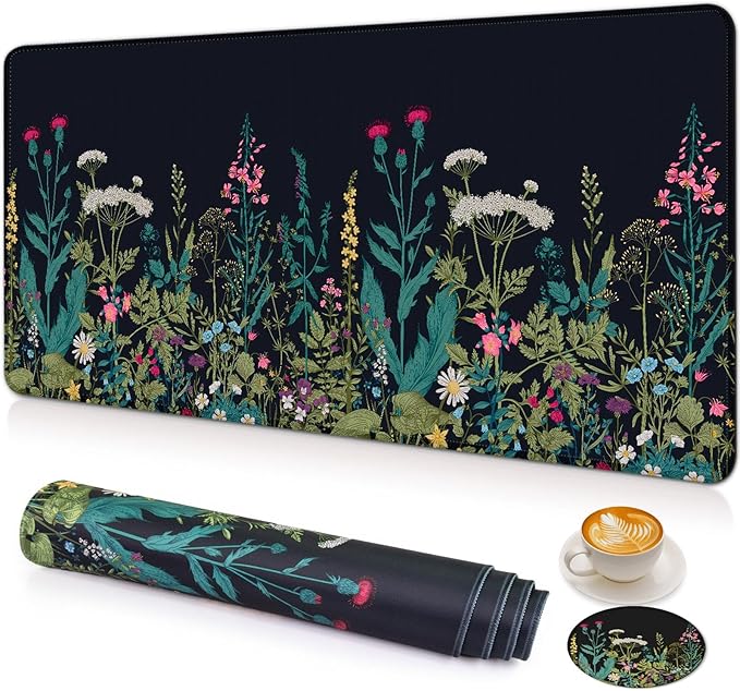 Large Gaming Mouse Pad with Coaster, Desk Matt for Desktop, Desk Pad, Mouse Pads Mat, Stitched Edges Big Extended Mousepad for Computer Keyboard Laptop Office Decor, 31.5'' x15.6''-Little Flowers
