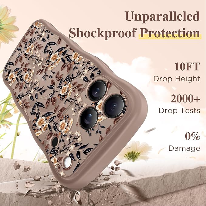 GVIEWIN for iPhone 17 Pro Case Compatible with MagSafe [Curly Wave Edge][Full Camera Protection] Floral Translucent Shockproof Magnetic Women Phone Case for iPhone 17 Pro 6.3'', Bunchflower/Brown