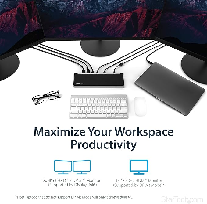 StarTech.com USB-C Triple Monitor Docking Station for MacBook Pro / Air M1 M2 M3 M4 & Windows, Universal 4K HDMI DP Dock, Thunderbolt Compatible, 100W Laptop Charging - TAA, Black, Silver