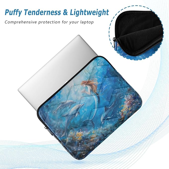 Cute Laptop Sleeve 13 inch Ocean Mermaid Dolphin Laptop Bag 14 inch Waterproof Computer Bag for Women Laptop Accessories Computer Cover Bag for Tablet Men