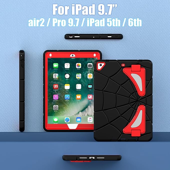 AKABEILA Compatible with Apple iPad 9.7 5th/6th(2017/2018)/iPad Air 2/iPad Pro 9.7 Tablet Case，Lightweight Shockproof Rugged Protective Cover with Kickstand for Kids Children Boys Babies Black Red