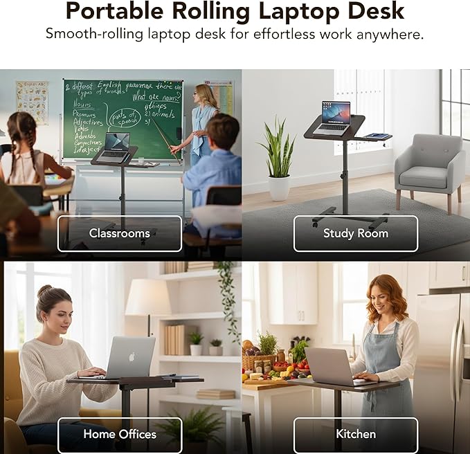 Displays By Jack Adjustable Height Rolling Laptop Desk with Tilting Top & Side Shelf – Mobile Sit Stand Computer Table on Wheels for Home Office, Classroom, Study Room