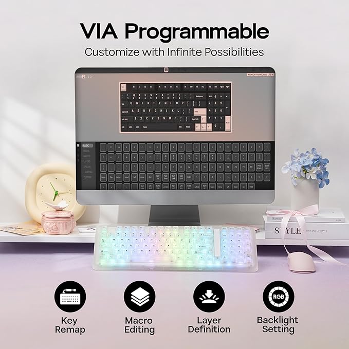 KiiBoom Phantom98 Lite 96% Wireless Mechanical Gaming Keyboard, VIA Programmable, Creamy Keyboard with Gasket, 8000mAh Battery, Hot Swap, RGB Backlits, NKRO for Win/Mac (Clear, Mochi Switch)