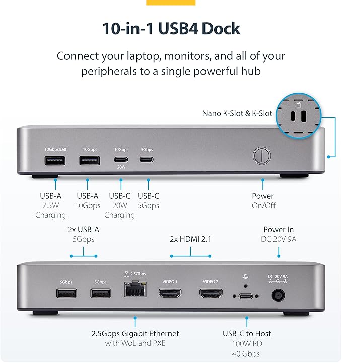 StarTech.com USB-C Docking Station (10-in-1, USB4), Up to 100W Charging for Laptop, 40Gbps Data Transfer, 2.5Gb Ethernet, Single 8K, Dual 4K Display, 6X USB (Not MacOS Compatible)