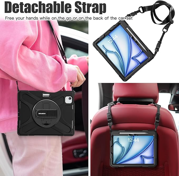 BRAECNstock Case for Apple iPad Air 11 inch (M4/M3/M2)/ Air 5th/4th Gen 10.9"/ Pro 11 inch 4th/3rd/2nd/1st Gen, Shockproof Protective Kids Case with Pencil Holder, Rotating Hand Strap & Stand, Black