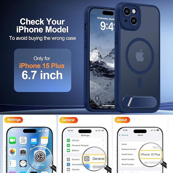 Magnetic Compatible with iPhone 15 Plus Case, [Built-in Kickstand][Full Camera Protection][Compatible with MagSafe][Anti-Fingerprint] Shockproof Phone Case for iPhone 15 Plus 6.7",Blue