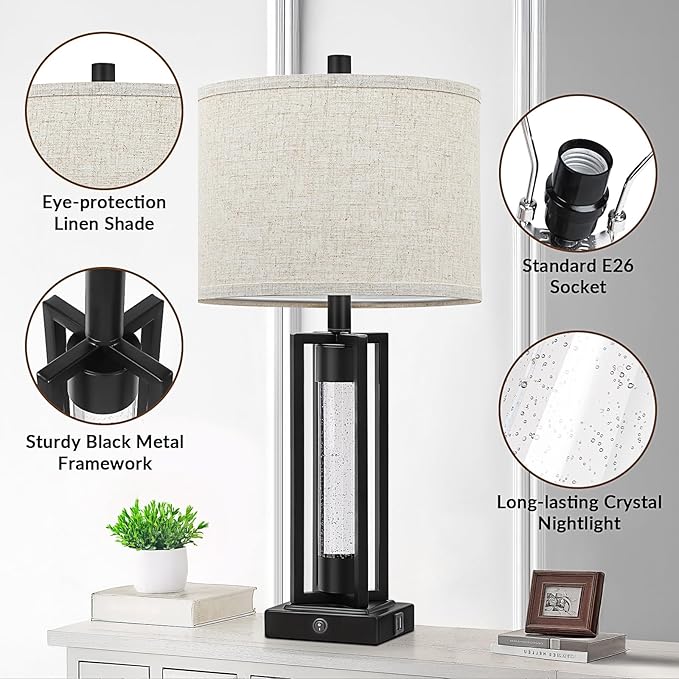 TOBUSA 26’’ Farmhouse Table Lamps for Living Room with Crystal Night Light Set of 2, Modern Nightstand Lamps with 2 USB Ports, Vintage Home Decor Black Bedside Lamps with Linen Shade for Bedroom