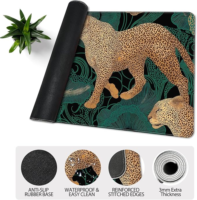 35.4 x 15.7 in, XXL Large Mouse Pad for Desk, Extended Keyboard Mouse Mat for Computer Office, Big Mouse pad with Stitched Edges, Gaming Pc-Leopards on Tropica