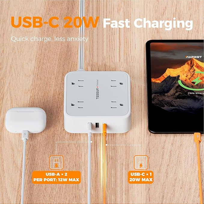TESSAN Surge Protector Power Strip, 5 Ft Flat Plug Extension Cord with 3 USB (1 USB C 20W PD) 8 Outlets, 1250W, 900J Protection, 3 Sided Outlet Extender with Power Switch for Office, Dorm Room, Grey