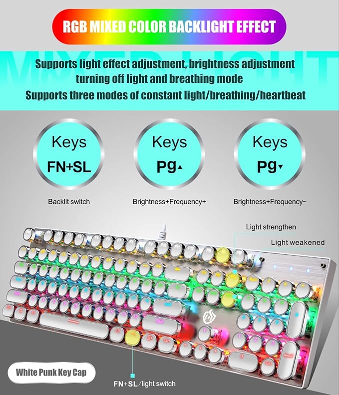 YSCP Typewriter Style Mechanical Gaming Keyboard Rainbow Backlit Wired with Blue Switch Retro Round Keycap 104 Keys Keyboard (L-White)
