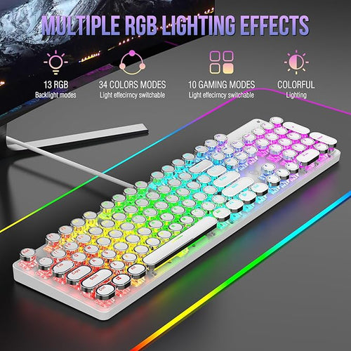Typewriter Mechanical Gaming Keyboard with RGB Backlit Red Switches, 104 Keys Retro Round Keycap, Wired Typewriter Style Comfortable Typing Soud (R-White)