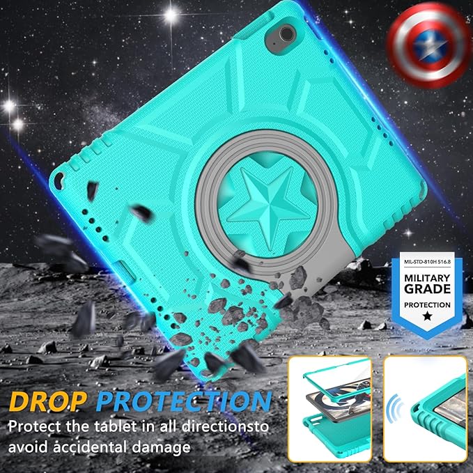 Kids Case for iPad 10th Generation 10.9-inch (2022) & iPad Air 11-inch 2024 & iPad Pro 11-inch M4 (2024), Lightweight Shockproof Case Built-in Screen Protector with Handle Stand,Turquoise