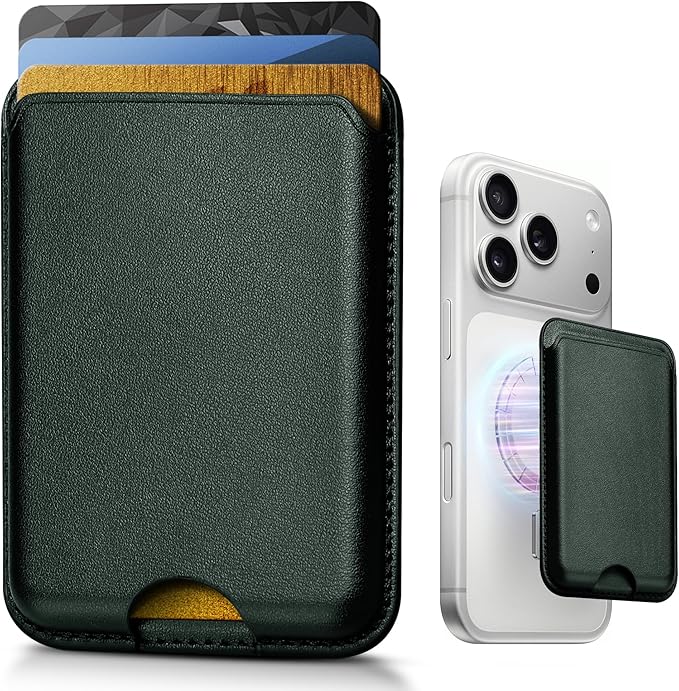 Stronger Magnetic Wallet for iPhone 17/16/15/14/13/12 Series, Slim Leather Magnetic Card Holder with RFID Blocking, N52 Magnet Phone Wallet, Fit 3 Cards, Dark Green