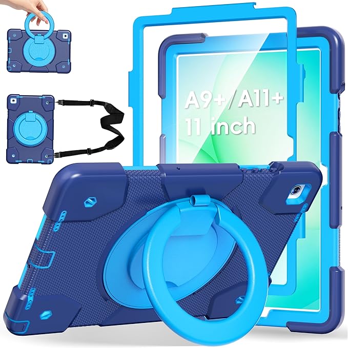 Andnary Case for Samsung Galaxy Tab A9+/A9 Plus Case 11 Inch with Screen Protector/360° Rotating Stand/Pen Holder/Shoulder Strap, Shockproof Cover for Tablet A9+ 5g (Navy+Blue)