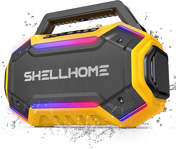 ShellHome Bluetooth 6.0 Speakers Outdoor, 80W(Peak) Loud Speaker with Bass, 30H Playtime, IPX6 Waterproof, RGB Lights, BassUp 2.0, TWS, Portable Large Jobsite Speakers for Workshop, Garage,Yellow