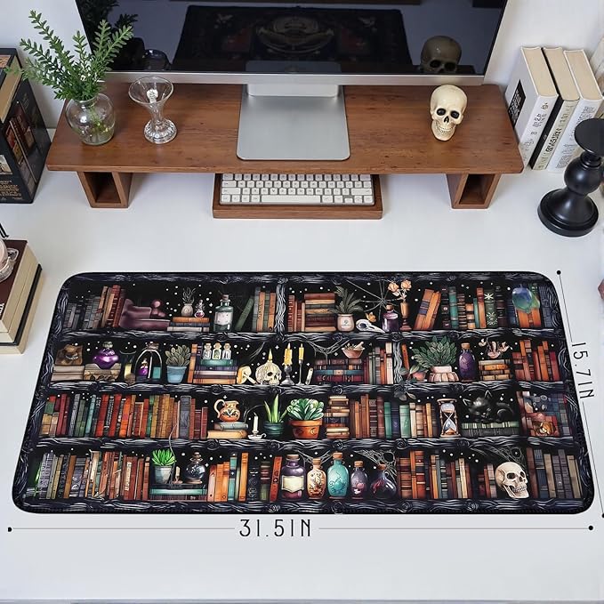 Mysterious Library Magic Desk Mat Large Gaming Mouse Pad Fantacy Bookshelf Book Witchy Decor Mousepad with Stitched Edges, Keyboard Mouse Mat for Work Game Office Home 31.5x15.7 in