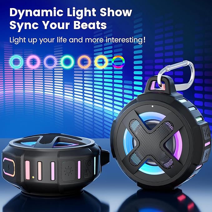 Upgraded, IP67 Waterproof Bluetooth Speaker, Silicone Case,10W Pro Sound&Deep Bass,24H Playtime, with Lights,Clip,Floating,for Shower,Beach essentials, Kayak Paddle Board Boat Lake Camping accessories
