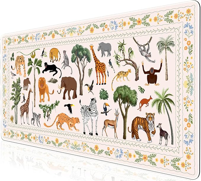 L-SPOUTTO Jungle Animal Desk Mat for Keyboard and Mouse,XXL Large Mouse Pad Non-Slip Keyboard Pad Waterproof Desktop Mat for Laptop Computer Work Game Home Office-Ivory/Beige