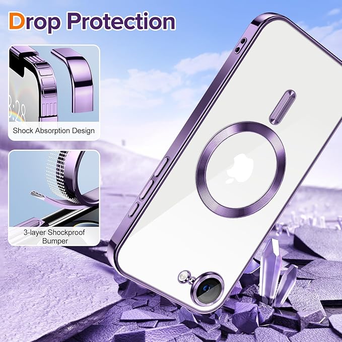 Hython Magnetic Clear for iPhone 16e Case with Camera Lens Protector [Compatible with MagSafe] Luxury Plating Edge Slim Soft TPU Cover Protective Phone Case for iPhone 16e 6.1", Deep Purple