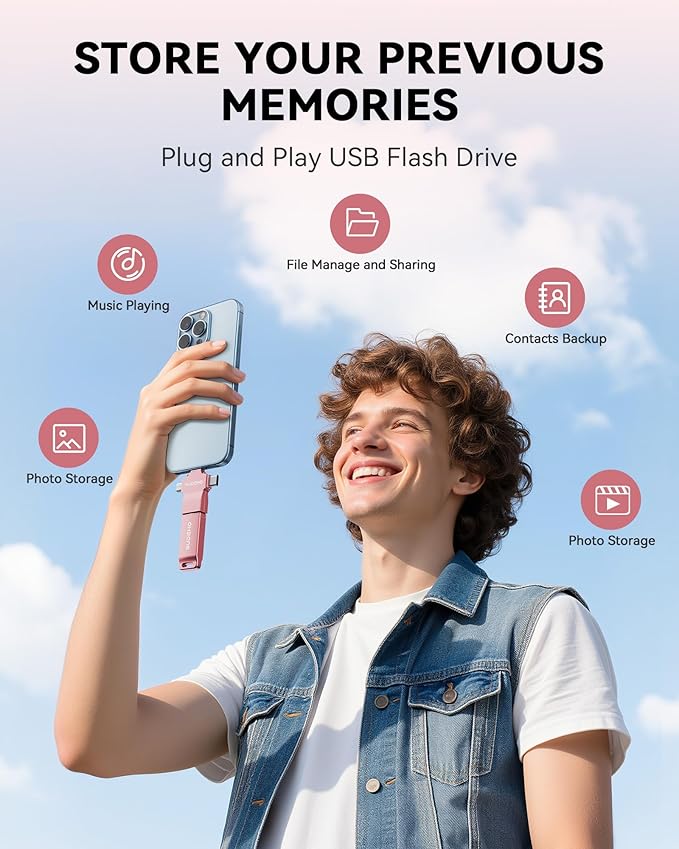 MFi Certified Photo Stick 256GB USB Flash Drive for iPhone, 4 in 1 External Memory Thumb Drive for Picture Video Backup, High Speed Memory Stick Pen Drive for iPhone/iPad/Android/PC (Rose Pink)