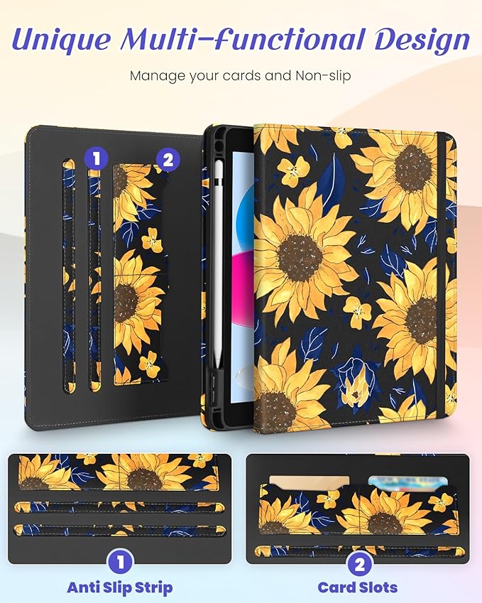 Kidcube for iPad 10th Generation Case 2022, for iPad (A16) Case 11th Generation 2025 - Women Girls Cute Rotating Stand Folio Cover with Pencil Holder & Card Slot Girly Kawaii Sunflower Design Cases