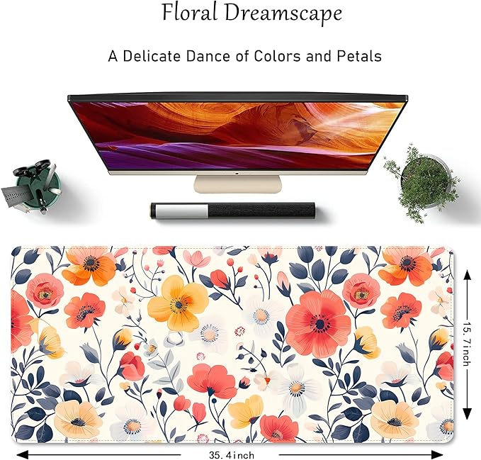 ProbTis Cute Flower Mouse Pad, Large Floral Desk Mat, XXL Gaming Keyboard Mat, Stitched Edges Rubber Base, Big Extended Desk Protector for Home Office, 35.4”x15.7” (Village Road Flower)