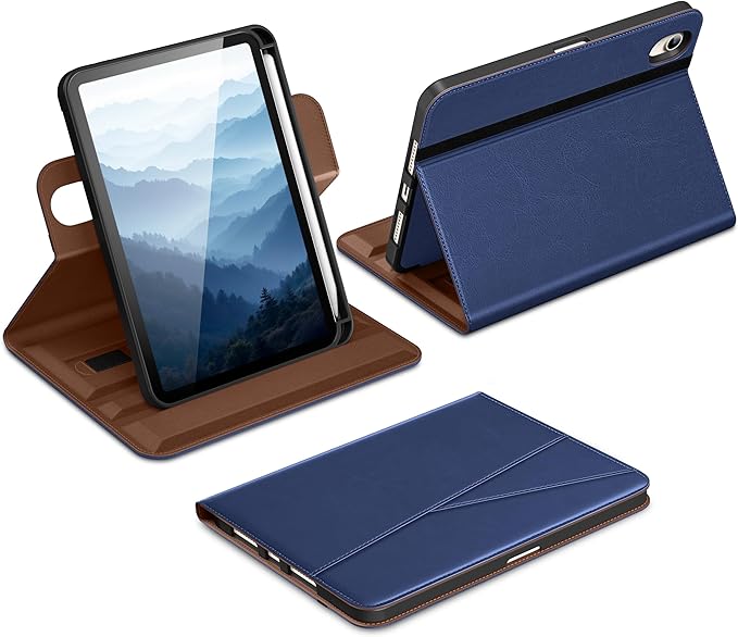 DTTO for iPad mini 7 (A17 Pro) Case, iPad mini 7th / 6th Generation Case (2024/2021), 360 Degree Rotating Premium Leather Folio Stand Cover with Pencil Holder, Navy Blue