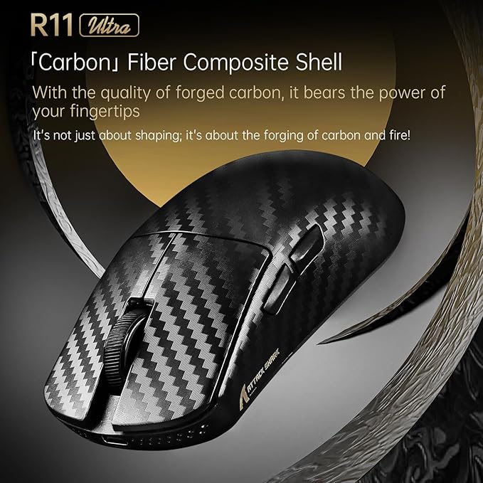 ATTACK SHARK R11 Ultra 8K Carbon Fiber Wireless Gaming Mouse with 42000 DPI-PAW3950 MAX Sensor-49g Lightweight,Nordic 52840 MCU Chip,Wired/BT/2.4Ghz Programmable,RGB Coiled Cable for PC(Black Wave)