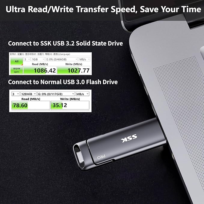 SSK 1TB USB C Thumb Drive up to 1000MB/s,Fast Flash Dual Drive,External Portable SSD Drive Type C+USB A 3.2 Gen 2 Flash Drive,USB C Memory Stick for iPhone 15/PS4/Android Phone/Tablet/Windows/Mac