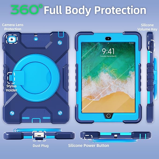 Andnary Case for iPad 6th/5th Generation 9.7 inch 2018/2017 Case, iPad Air 2/Pro 9.7 inch Heavy Duty Protective Cover with 360° Rotate Handle Stand, Pencil Holder, Shoulder Strap (Navy+Blue)
