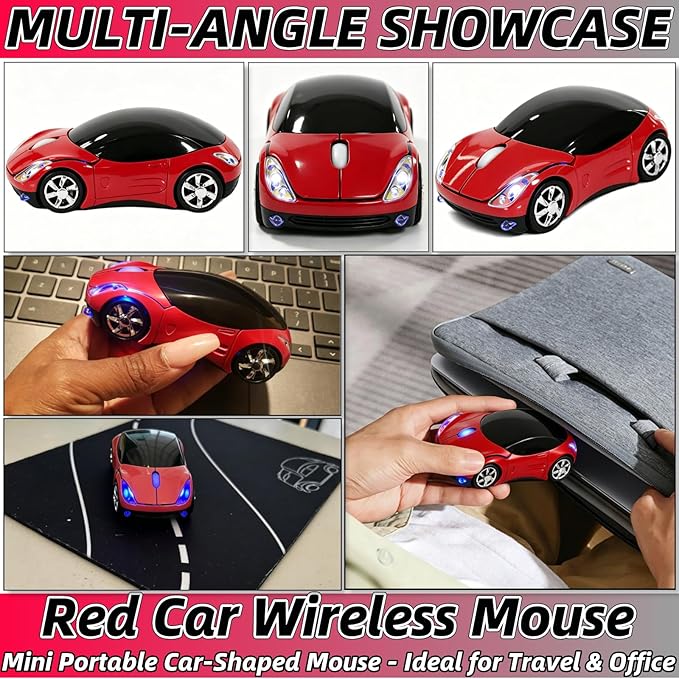 Red Wireless Mouse，Mini Car Computer Mouse，1600DPI 2.4G with USB Receiver, Ergonomic Cute Computer Mice for Laptop, PC, Windows, Mac OS (Red)