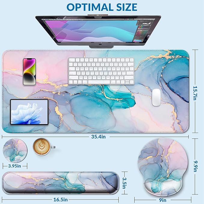 Desk Mat Set + Keyboard and Mouse Pad with Wrist Rest Support,4-in-1 Large Mousepad Computer Mats for Desktop Home & Office-Golden Blue Marble