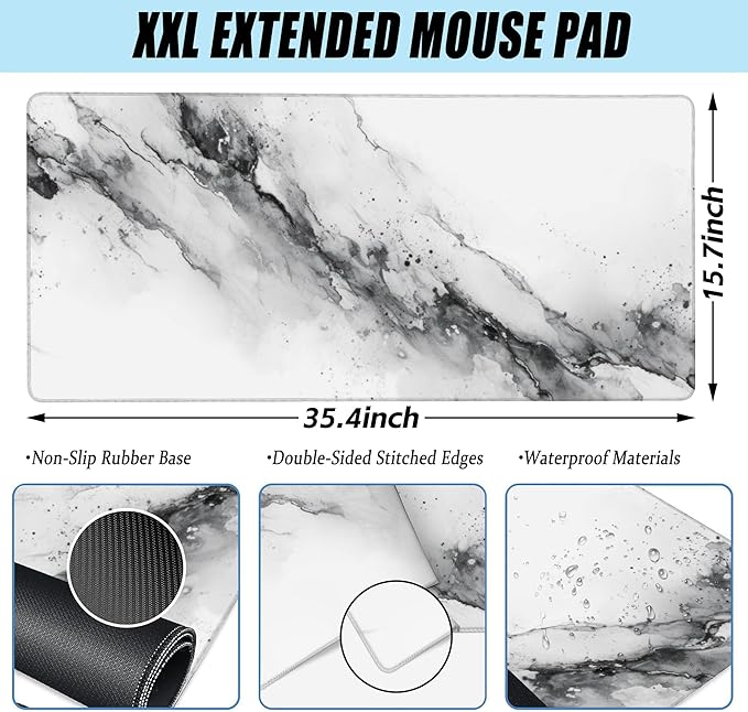 XXL Mouse Pad, White Black Marble Texture Large Desk Mat for Desktop, Extended Large Gaming Mouse Pad Mouse Mat with Non-Slip Rubber Base Stitched Edges for Computer Keyborad Home Office 35.4"X15.7"