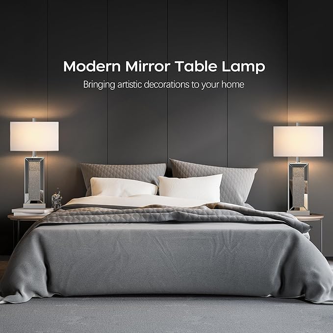 Modern Table Lamp Set of 2 Touch Control, Silver Mirror Diamond Crystal Bedside Lamp with USB C+A Ports, 3-Way Dimmable Mirrored Nightstand Lamps White Fabric Shade for Living Room Bedroom Art Decor