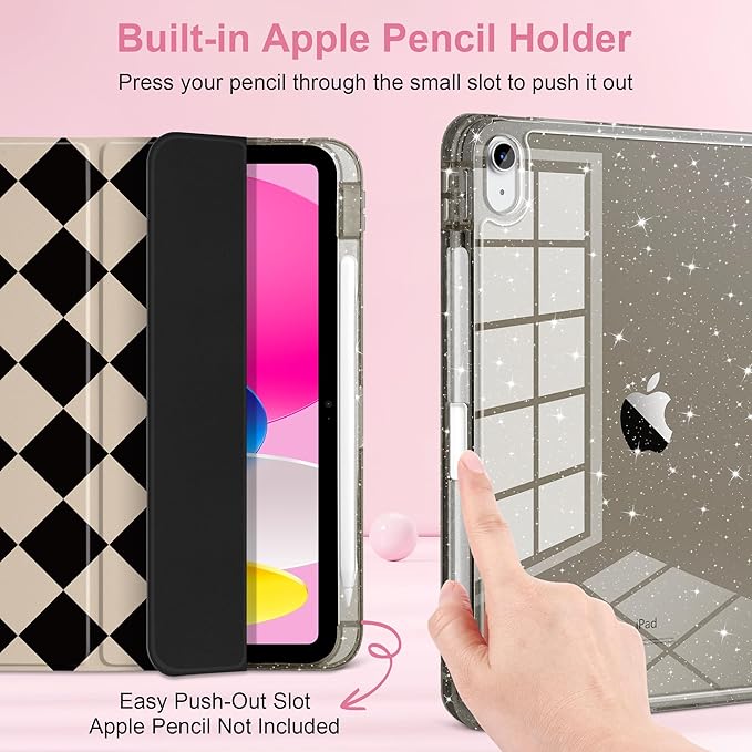 DONGKE for iPad Pro 11 inch Case – Fits M5 2025 / M4 2024, Shockproof Sparkling Glitter Acrylic Back, Pencil Holder, Trifold Stand, Auto Sleep/Wake & Touch ID Support - Argyle Pattern