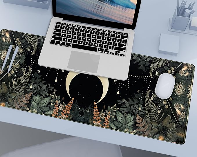 Cute Green Forest Leaves Desk Mat Whimsical Moon Mousepad XL Large Extended Gaming Mouse Pad with Stitched Edges, Computer Laptop Keyboard Mouse Mat Desk Pad 31.5x11.8 in Non-Slip Rubber Base