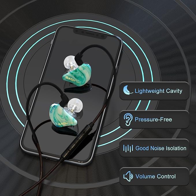 BASN MMCX in Ear Monitor Headphones,Triple Driver IEM in-Ear Earphone for Musician Drummer, Noise-Isolation HiFi Stereo Earbuds with Two Detachable Cables(Bluish White)
