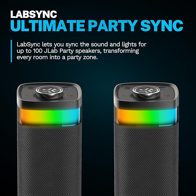 JLab, JBuds Party, Portable Bluetooth Speaker, IP56 Waterproof, Multi-Speaker Connect, RGB Lighting, Black
