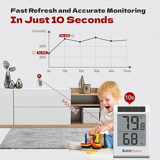 BaldrTherm 2.2'' Digital Thermometer and Hygrometer Meter, Solar-Powered Indoor Temperature Sensor Humidity Monitor, Humidity Gauge for Baby Rooms, Bedrooms, Home, Office, and Wine Cellars, 1Pack