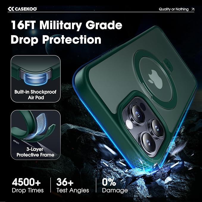 CASEKOO Designed for 14 Pro Case with Magnetic Invisible Stand [Military Drop Protection] [Compatible with MagSafe] Shockproof Slim Translucent Matte Pro Case 6.1 Inch, Green