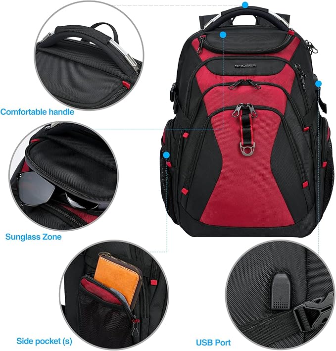 KROSER Travel Laptop Backpack 17.3 Inch XL Computer Backpack with Hard Shell Saferoom RFID Pockets Water-Repellent Business College Daypack Stylish Bag for Men/Women-Black Red