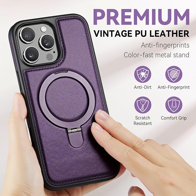 Compatible with iPhone 14 Pro Case with Stand, Compatible with MagSafe, Slim PU Leather & Durable TPU Protective Cover Drop-Proof with Tempered Glass Screen Protector 6.1", Purple
