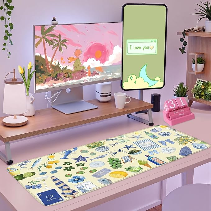 Cute Pastel Coastal Desk Mat with Vibrant Sea Life Beige Large Mouse Pad Cozy Aesthetic XXL Mouse Pad Anti-Slip Big Mousepad with Stitched Edges for Computer Desktop