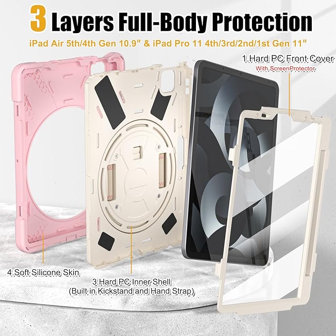 BRAECNstock Kids Case for Apple iPad Air 11 inch (M4/M3/M2)/Air 5th/4th Gen 10.9"/Pro 11 inch 4th/3rd/2nd/1st Gen, Shockproof with Screen Protector, Pen Holder, Rotating Hand Strap+Stand, Sakura Pink